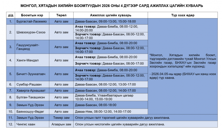 МОНГОЛ, ХЯТАДЫН ХИЛИЙН БООМТУУДЫН 2026 ОНЫ 4 ДҮГЭЭР САРД АЖИЛЛАХ ЦАГИЙН ХУВААРЬ